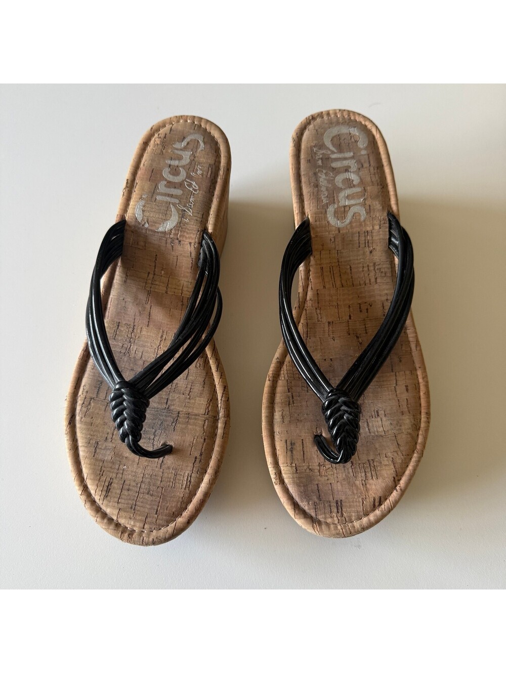 Circus by Sam Edelman Black Cork Wedge Flip Flop Sandals Y2K Boho Sz 7